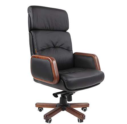 417 Chairman Кресло кожа/экокожа, крест.дерево, обивка черный,каркас темн. орех(мультиблок),07163857