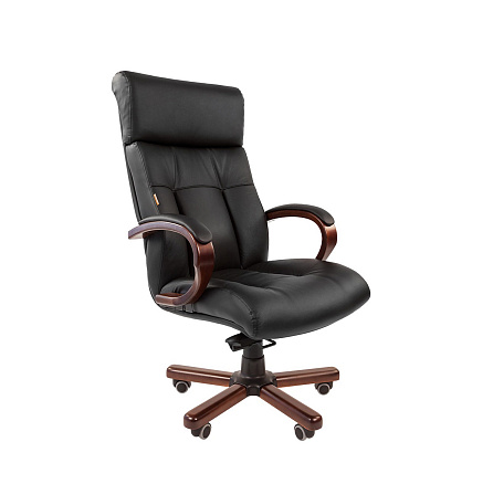 421 Chairman Кресло кожа+к/з, крест.дерево обивка черный black, каркас темный орех 6082595